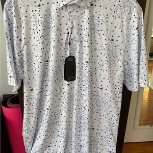 Greg Norman Men's White and Blue clubs Patterned Shirt size L